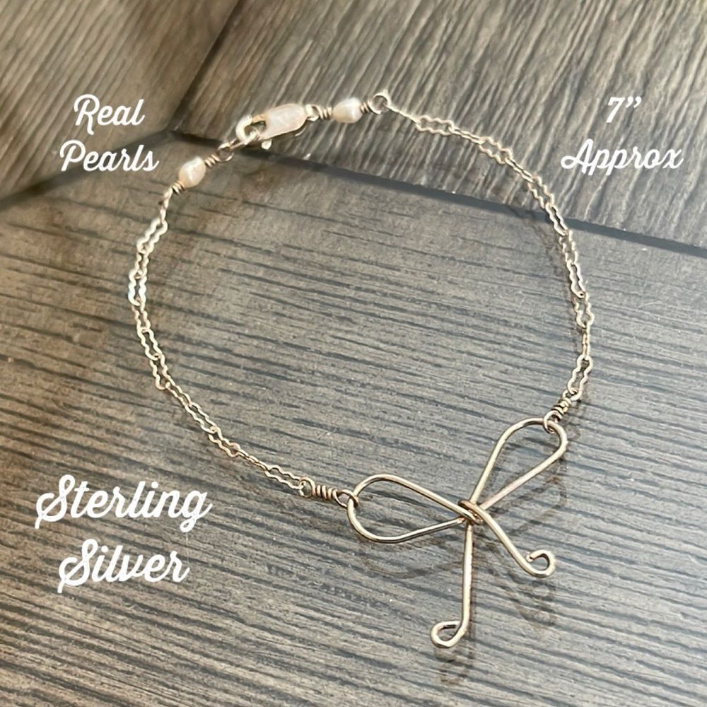 Elegant Sterling Silver Bow Bracelet with Rice Pearls & Paperclip Style Chain